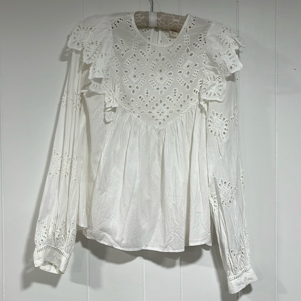 HM blouse women White Eyelet Lace Women's‎ Top puffy long sleeves ruffles Sz 2